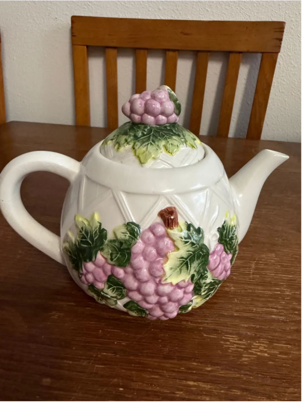 Vintage Ceramic Grape Teapot Embossed Basketweave Purple Grapes Raised Relief wi